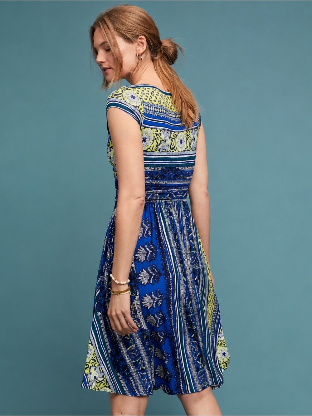 Anthropologie Maeve Tamera Surplice Dress Blue Yellow Print Size M